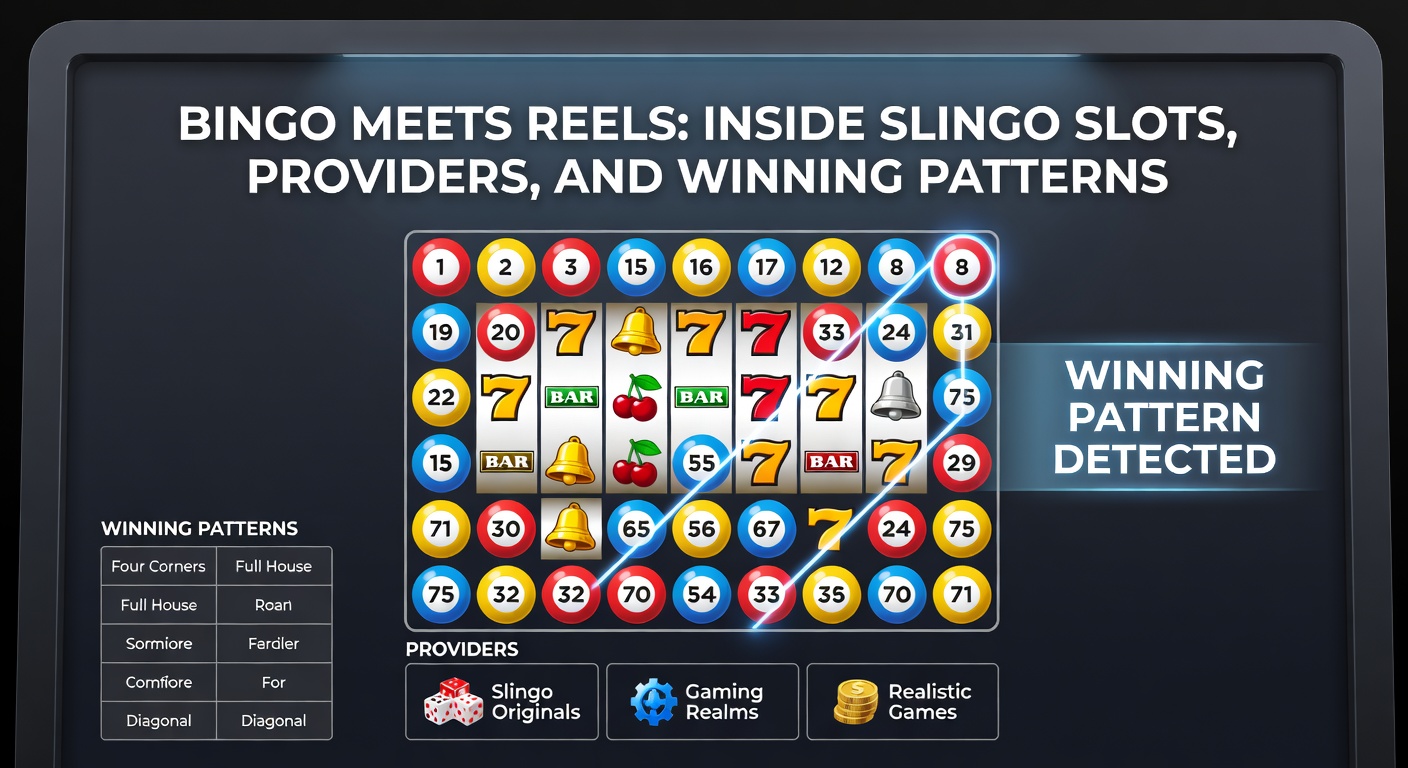 Vibrant Slingo slot screen blending a 5x5 bingo card with colorful slot reels and glowing number matches