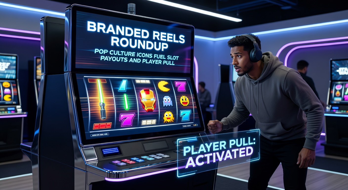 Vibrant slot machine screen featuring pop culture characters from movies and TV shows, with glowing reels and jackpot counters lighting up