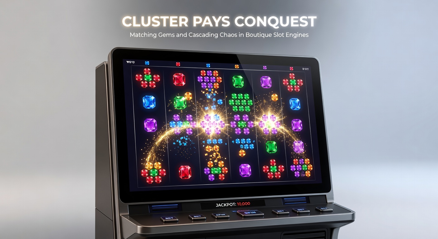 Vibrant cluster pays slot screen showing gems clustering in a chaotic cascade of wins, with glowing symbols exploding and new ones tumbling in from above