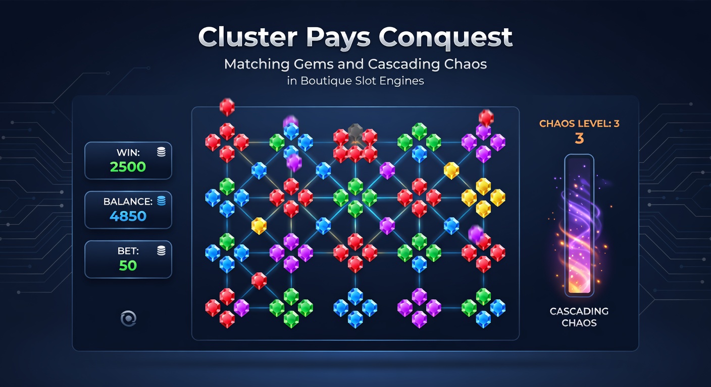 Dynamic cascade sequence in a boutique cluster slot, gems exploding in a chain reaction as new symbols rain down, building massive multipliers amid colorful chaos