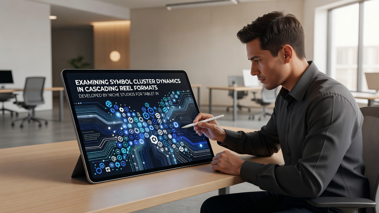 Close-up view of symbol clusters merging across cascading reel grid on tablet device