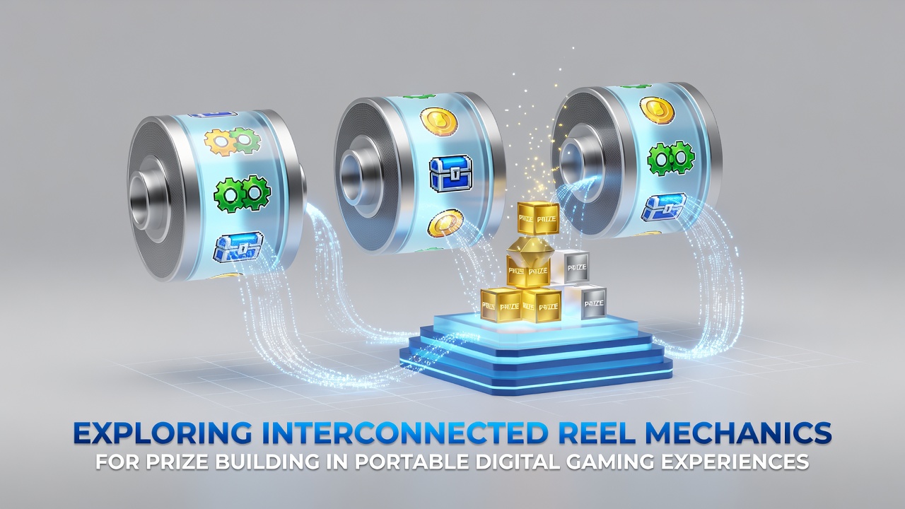 Diagram showing interconnected reel systems linking multiple mobile game interfaces for prize accumulation