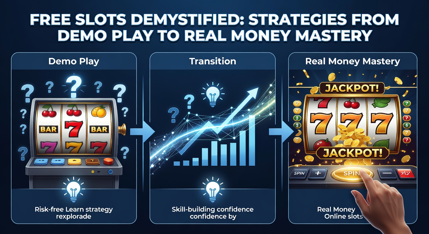 Player at a laptop transitioning from free slot demo screen to real money wager interface, with strategy charts and win graphs in the background