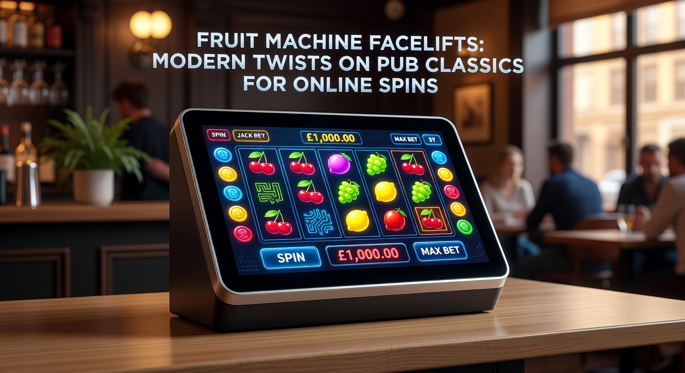 Vibrant display of a classic pub fruit machine transforming into a sleek online slot interface with cherries, bells, and modern bonus features glowing on screen