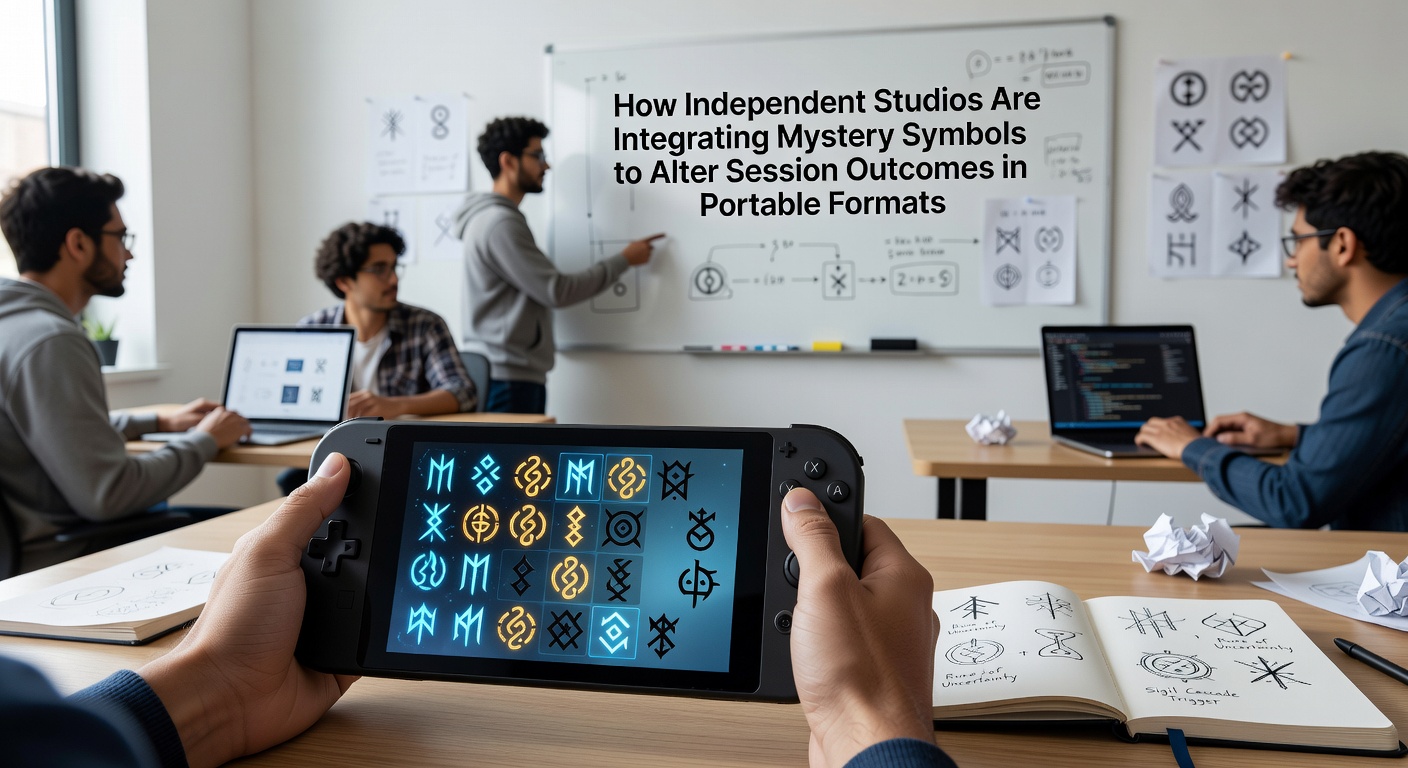 Independent studio developers reviewing mobile slot interfaces with mystery symbol mechanics highlighted on portable devices