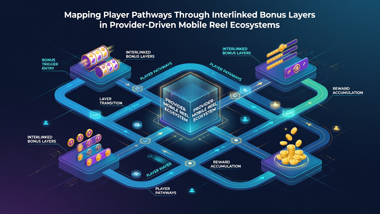 Diagram illustrating player navigation through multiple bonus layers with examples of interlinked reel features and progression routes