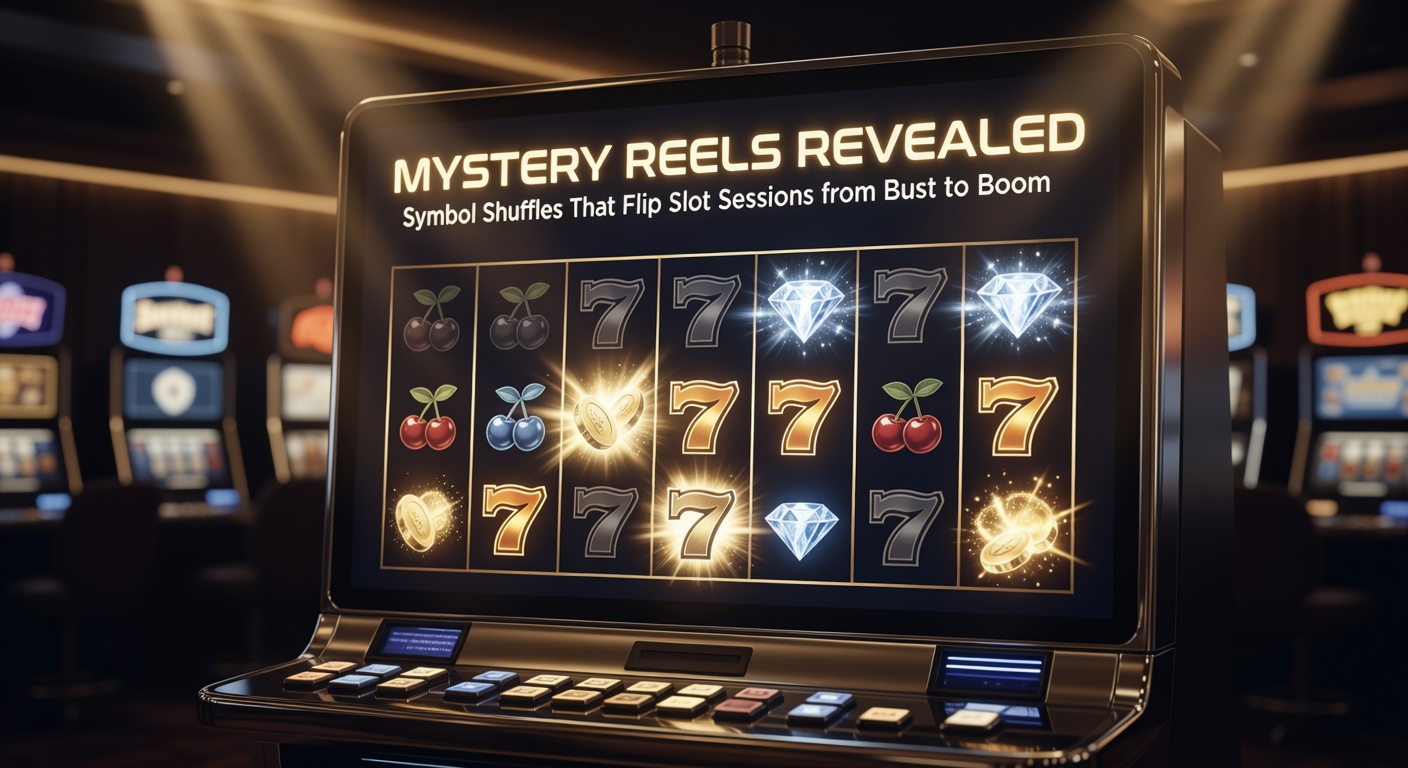 Vibrant slot reels transforming with mystery symbols overlay, showing a cascade of golden icons shuffling into winning lines against a neon-lit casino backdrop