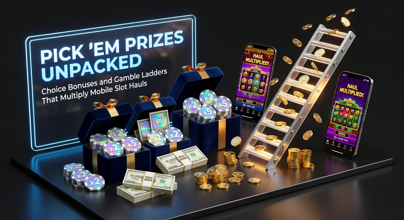 Vibrant mobile slot screen showing a pick 'em bonus round with prize reveals and glowing symbols