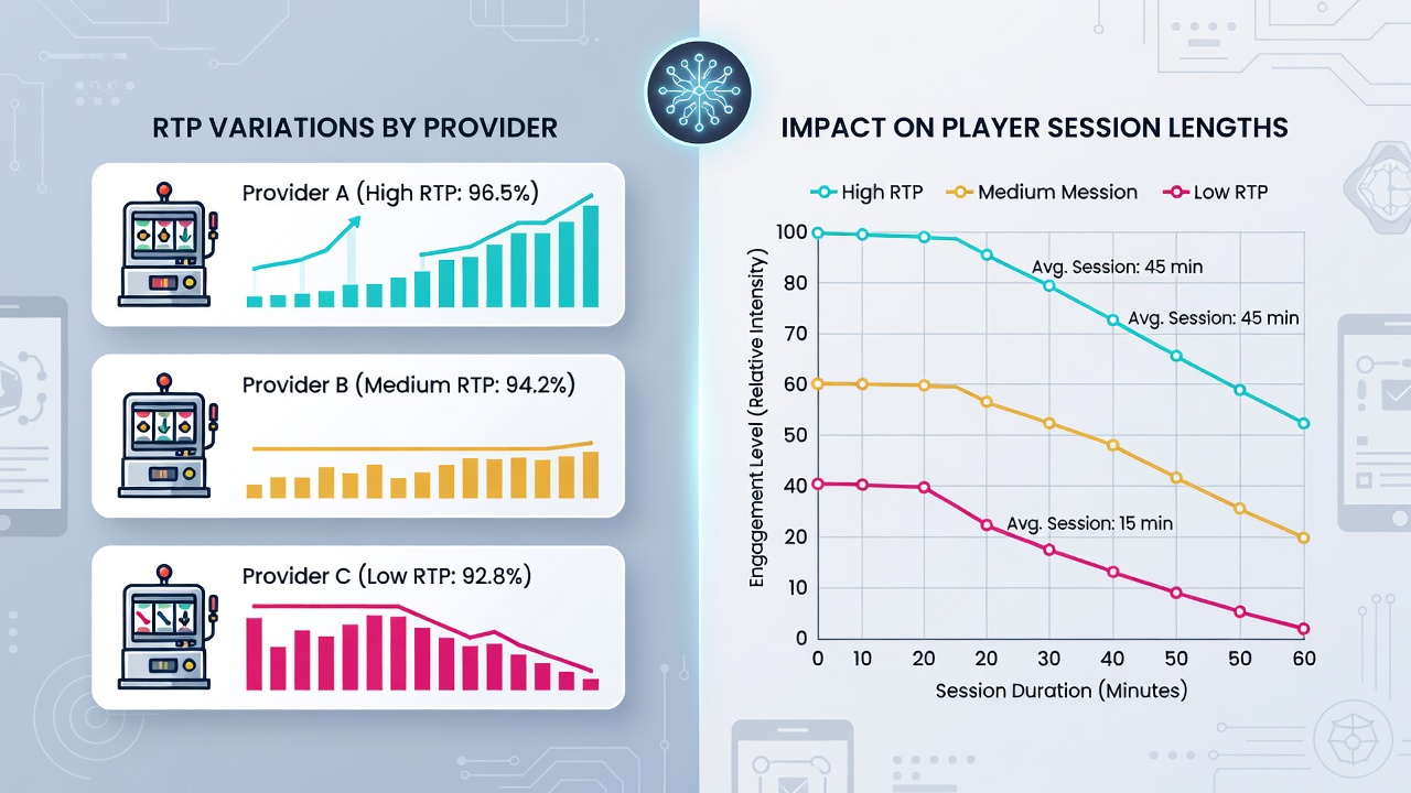 Analytics dashboard displaying RTP percentages and session duration graphs for various jackpot providers