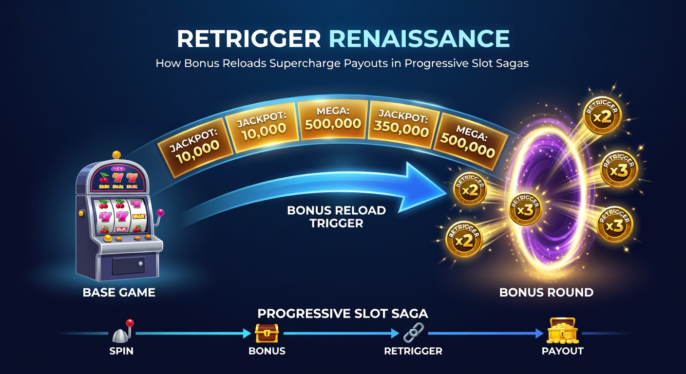 Close-up of a progressive slot interface with bonus retrigger animation exploding symbols, jackpot tiers glowing, and payout counters skyrocketing during a reload sequence