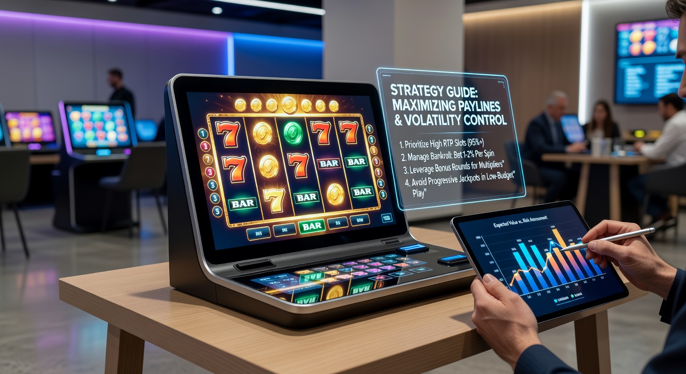 Close-up of a mobile slot interface displaying paytable, volatility meter, and strategy icons amid glowing win animations