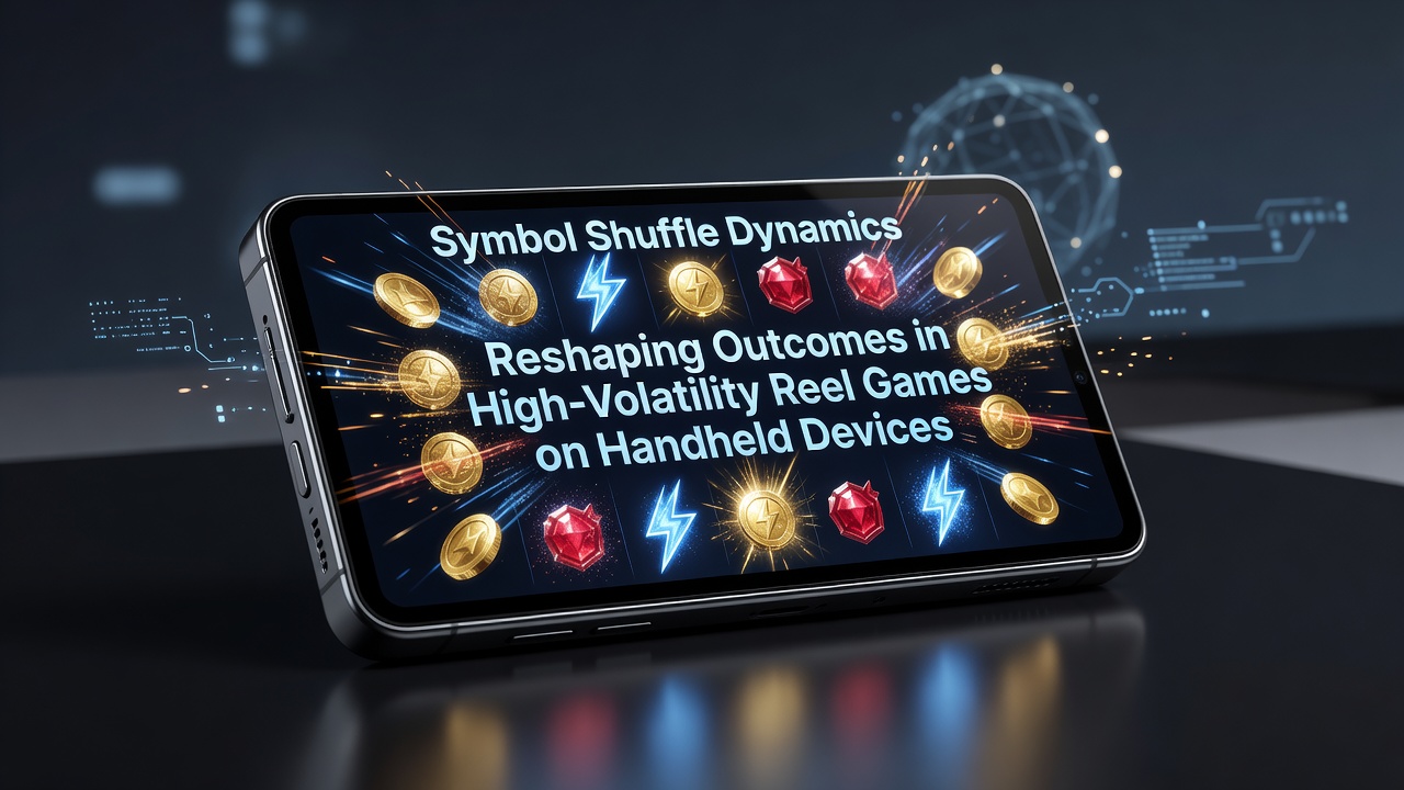 Close-up view of handheld screen showing cascading symbols during a shuffle sequence in a high-volatility slot
