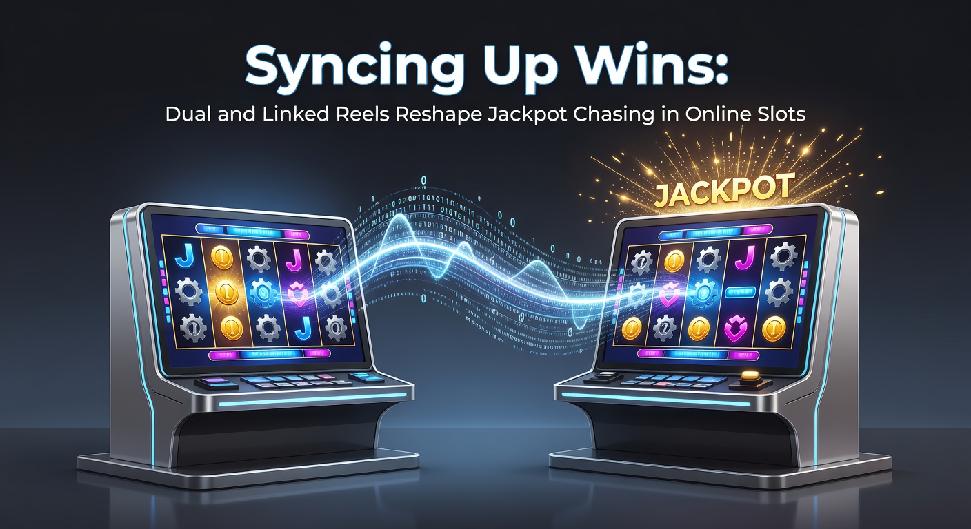 Vibrant online slot screen showing dual reels syncing with identical symbols across them, building towards a jackpot trigger