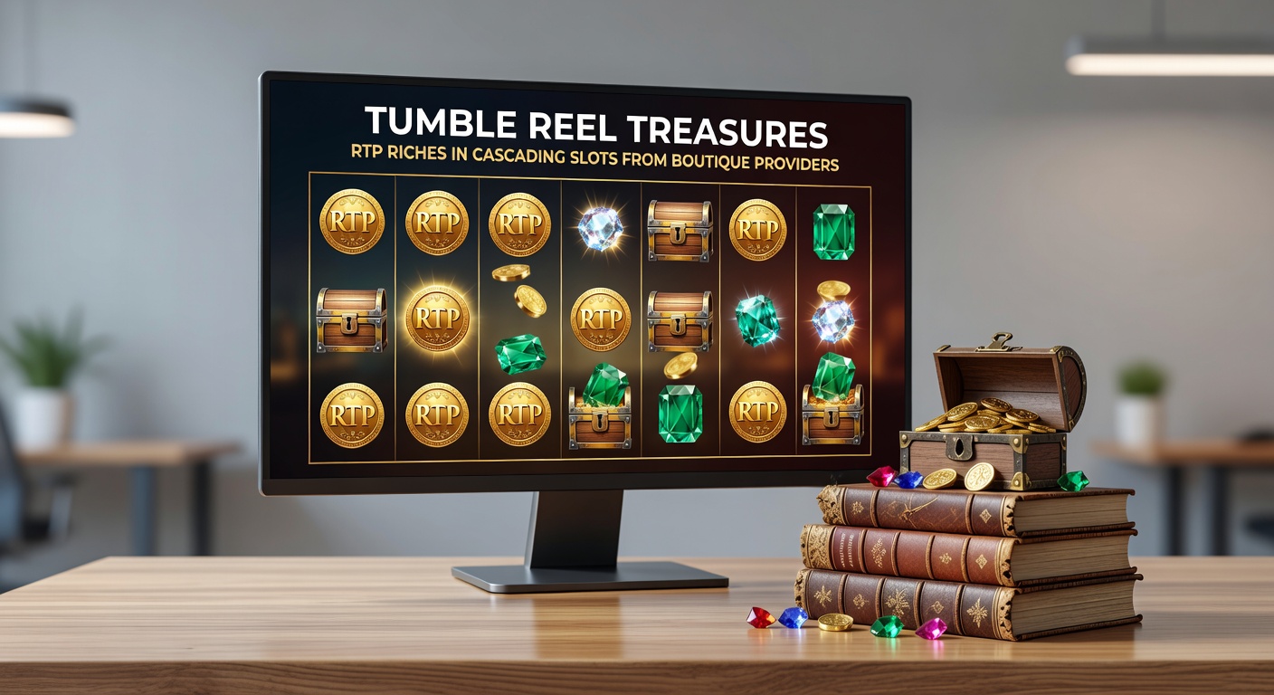Close-up of a boutique slot's tumble feature in action, with gems and gold coins raining down in a chain reaction multiplier explosion